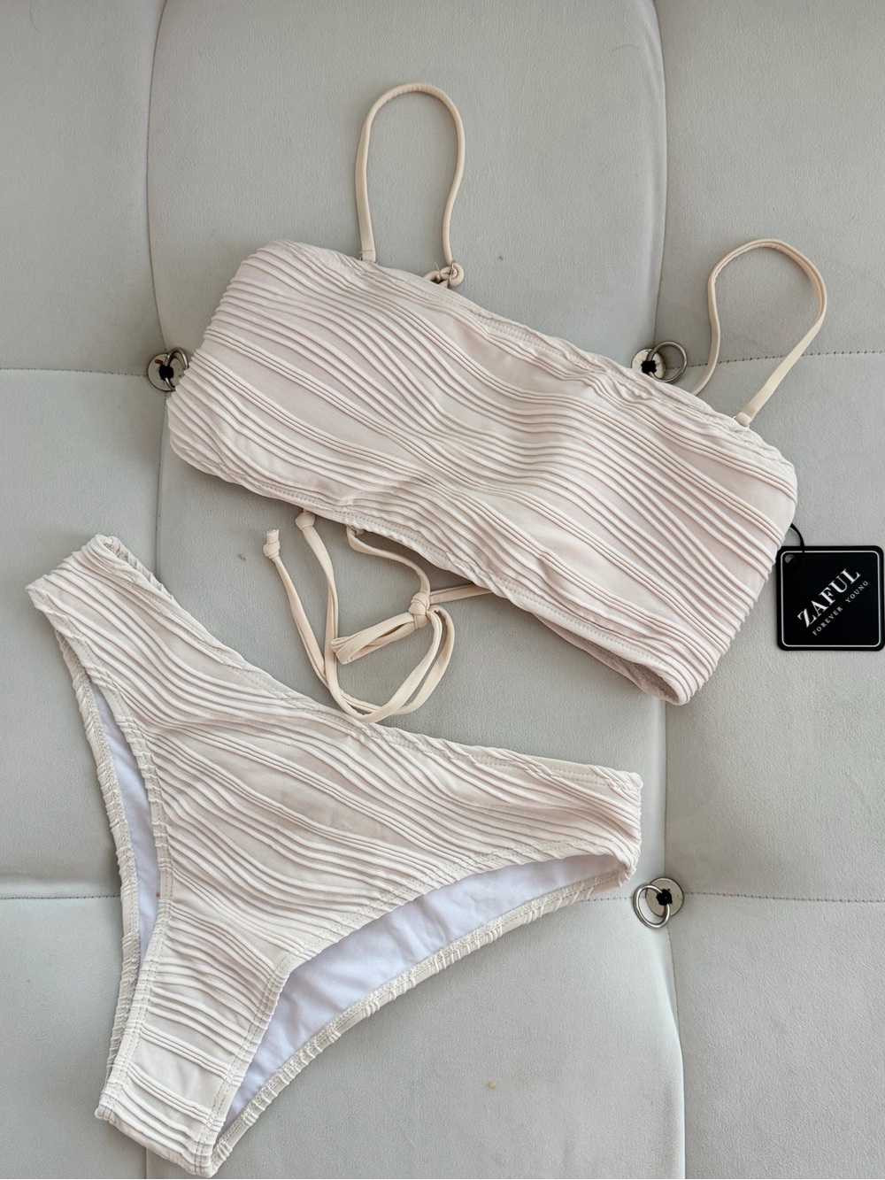 Zaful Cream Ribbed Bandeau Bikini Set